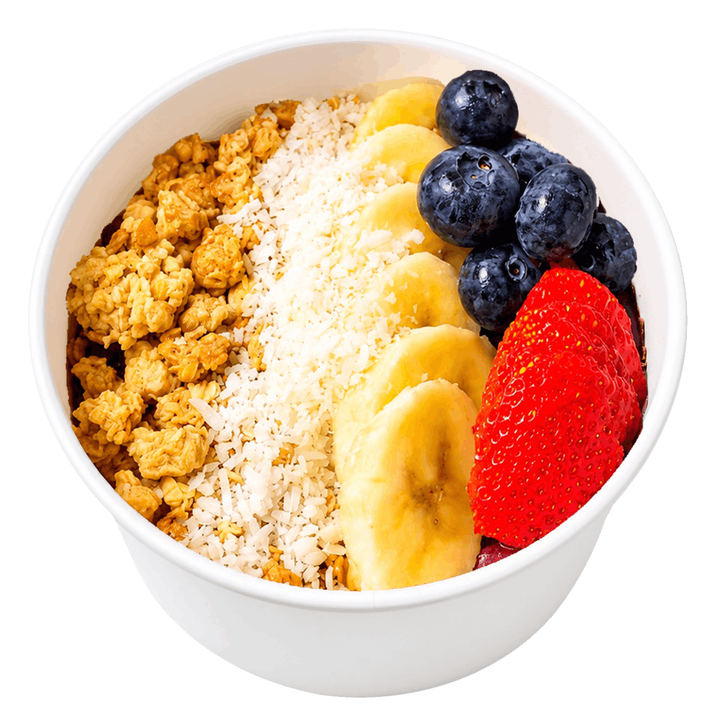Açaí bowl con granola, banano, fresa y arándanos