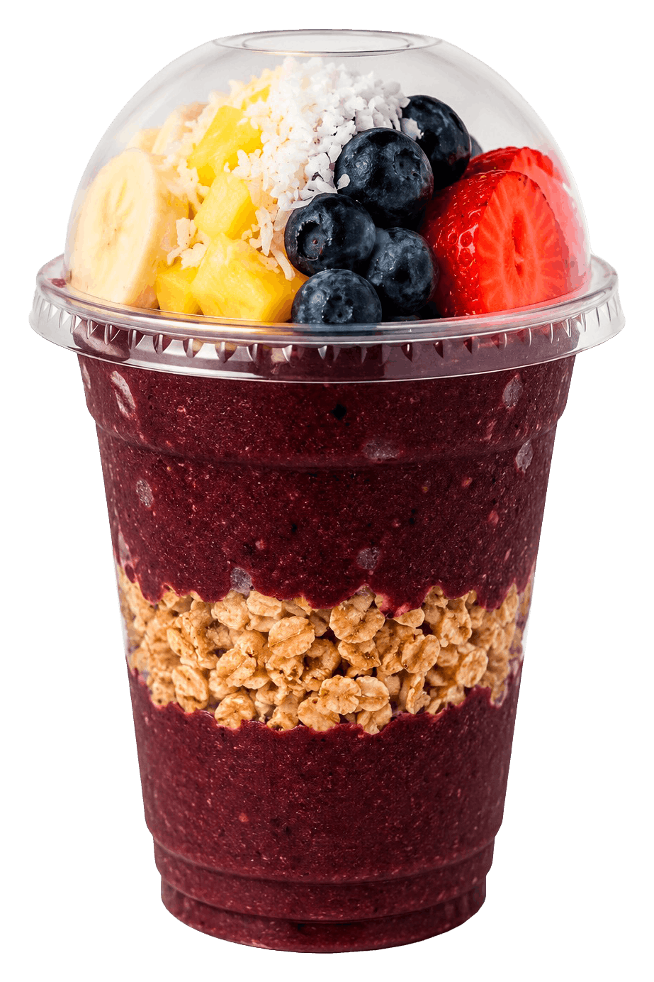 Parfait de açaí en vaso con capas de granola y fruta